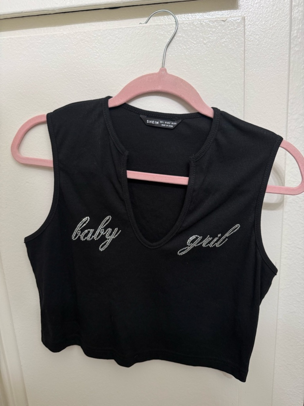 SHEIN Black Rhinestone 'baby girl' Ribbed Crop Tank